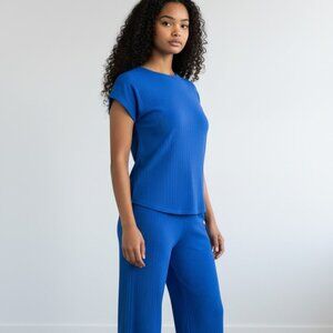 Royal Blue Blouse Short Sleeve Crinkle Pantsuit